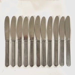 Vintage mid century modern Danish set of 11 lunch knives with beautiful minimalist design pewter handles and stainless steel blades
