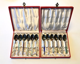 Set of 12 MEKA sterling silver spoons with enamel decoration in red original boxes