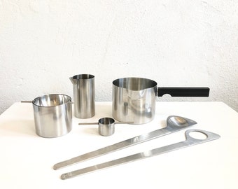 Arne Jacobsen for Stelton Cylinda Line - collection of vintage salad cutlery, bowl, jug, ashtray and cocktail measurer