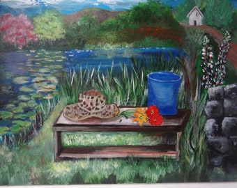 Painting of garden bench by a pond