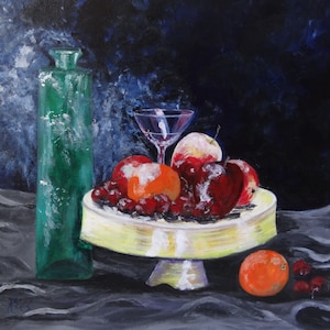 Acrylic original art still life fruit with glass and bottle