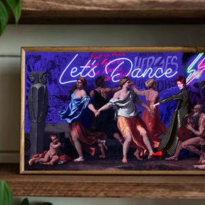Puede incluir: Un letrero de neón con las palabras "Let's Dance" en letras rosa y morado sobre un fondo morado. El letrero está rodeado de una pintura de personas bailando, con una mujer con un vestido a rayas y un rayo en el fondo.