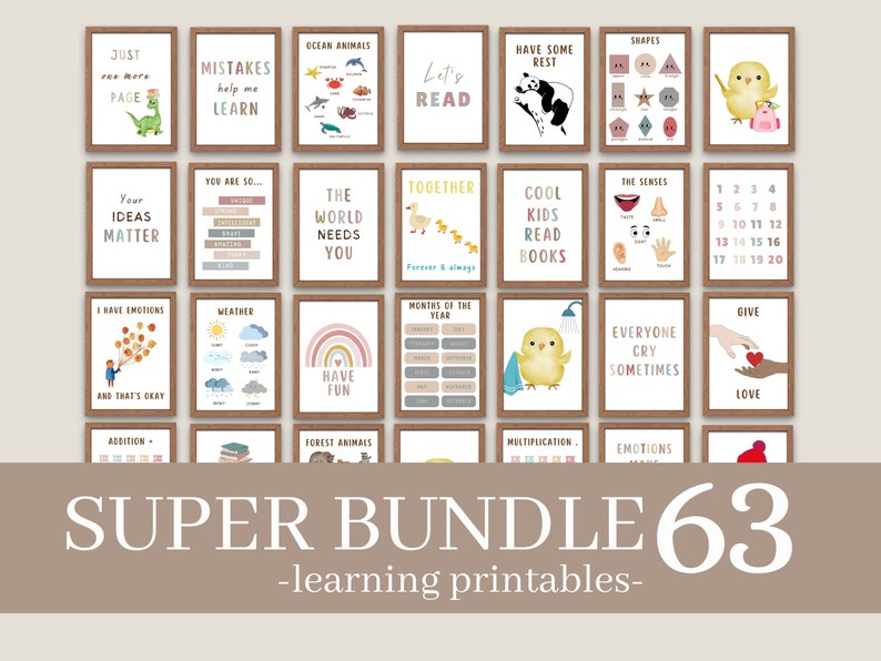 Set of 63 Educational Posters, Classroom Decor, Custom Sizes, Toddler