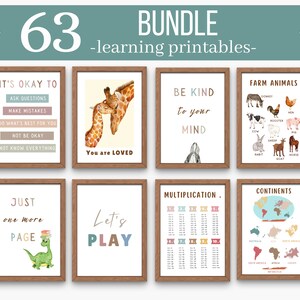 Conjunto de 63 carteles educativos, decoración del aula, tamaños personalizados, decoración de la habitación para niños pequeños, impresiones de educación en el hogar, carteles de pared para la habitación de los niños, impresiones de niñas