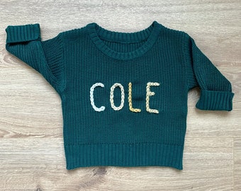 BLOCK NAME Custom Hand-Embroidered Baby / Toddler Chunky Knit Oversized Sweater