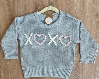 VALENTINES DAY Heart XOXO  - Custom Hand-Embroidered Baby / Toddler Chunky Knit Oversized Sweater - Size 18-24m