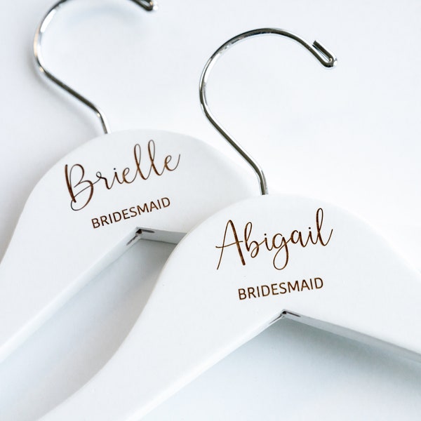 Personalized Bridesmaid Hangers, Thin Calligraphy Engraved Custom White and Natural Wedding Hangers for the Bride, Wooden with Name