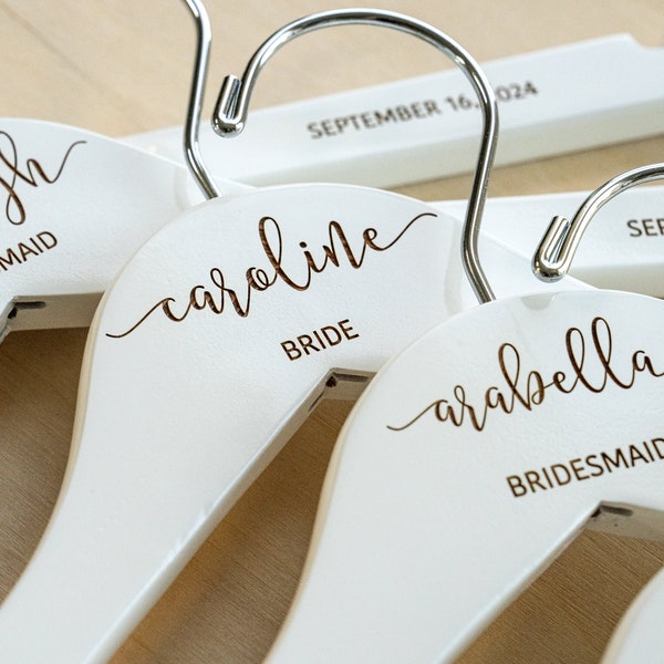 Personalized Bridesmaid Hangers, White Engraved Custom Wedding Hangers for the Bride Dress, Wooden Keepsake with Name (CR-01)