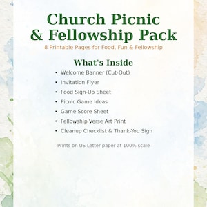 May include: A printable Church Picnic & Fellowship Pack featuring 8 pages for food, fun, and fellowship. Includes a welcome banner, invitation flyer, food sign-up sheet, game ideas, score sheet, verse art print, and cleanup checklist on US Letter paper.