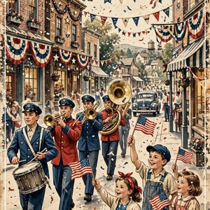 Vintage Americana-vykort, set med 4, patriotiska 5x7 utskrivbara tryck, fyrverkeriparad, digital nedladdning