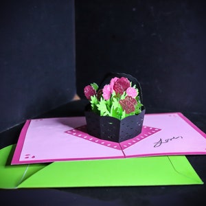 Carte pop-up DIY 3D papercraft - panier de fleurs. fichiers image pour les machines de découpe et fichier pdf pour la découpe à la main. Fête des mères, anniversaire