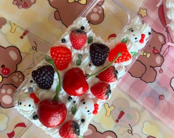 Decoden IPhone Case, Strawberry Hello Cat Phone Case, Kawaii Cherry Phone Case, Whipped Cream Glue, Cute Resin Charms, Customized Handmade