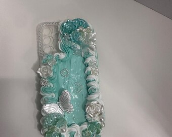 Handmade Green Baroque Angel Decoden Phone Case, Butterfly Roses