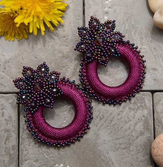 Handmade Flower Crocheted and Beaded Earrings, Colombian Wearable