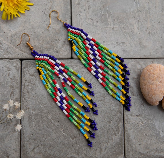 Handmade Beaded Earrings, Colombian Wearable Art - Main Image