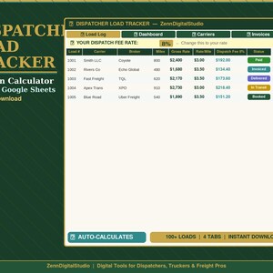 Freight Dispatcher Spreadsheet | Excel & Google Sheets | Dispatch Fee Calculator | Carrier Tracker | Trucking Template