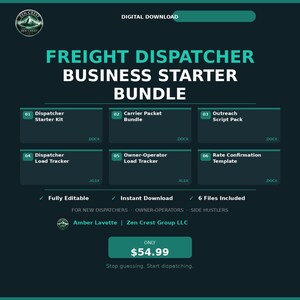 Könnte beinhalten: Ein digitales Fracht-Disponenten-Starterpaket mit sechs Dateien, darunter ein Starter-Kit, ein Frachtführer-Paket, Skripte für die Kundenakquise, Ladungsverfolgung für Disponenten und Frachtführer sowie eine Vorlage für Frachtbestätigungen.