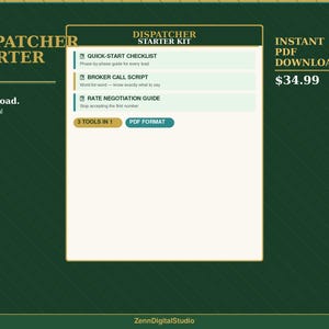 Puede incluir: Un producto digital titulado "Dispatcher Starter Kit" con un diseño verde y dorado. El kit incluye una lista de verificación de inicio rápido, un guion de llamada de corredor y una guía de negociación de tarifas. El texto "3 herramientas. 1 descarga." también es visible.