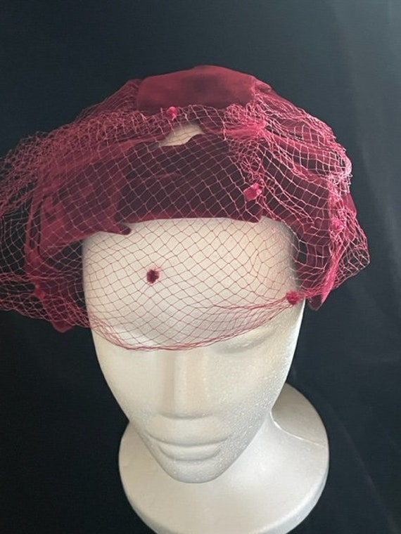 Vintage Red Velvet Hat with Veil - image 1
