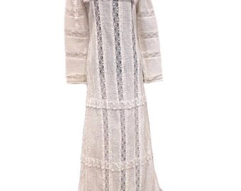 Vintage 70s Ivory Prairie Maxi Dress Pintuck Lace Cottagecore Edwardian Romantic Boho Bridal Gown
