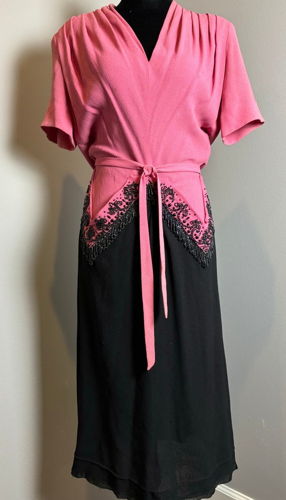 1940s Hot Pink and Black Cocktail Dress