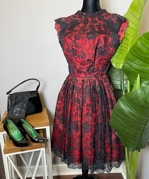 Red and Black Lace 50s Cocktail Dress