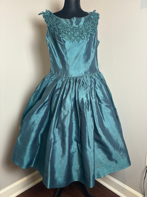 50s-60s Teal Party Dress- Bargain Vintage