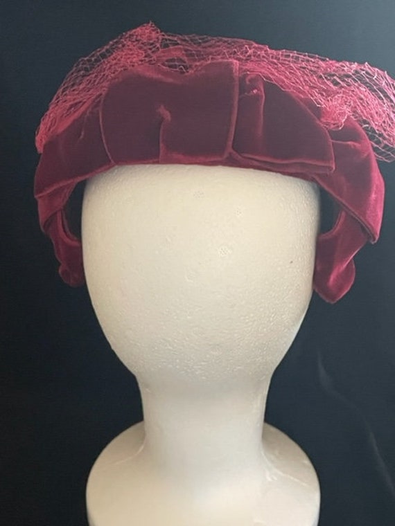 Vintage Red Velvet Hat with Veil - image 2