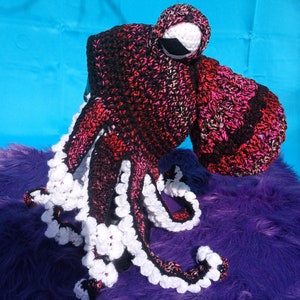 Crochet Octopus Kraken Hat Beanie Festival Costume Piece Black, Red and Pink with White Tentacles