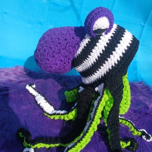 Crochet Octopus Kraken Hat Beanie Festival Costume Piece Black, White and Purple with Lime Tentacles