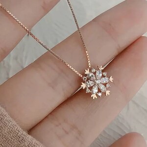 SnowFlack pendent, Rose Gold plated on Brass , Rose Gold Snowflake Necklace , decored with Zircon, Gift -Valentines Day,  Snowflake Jewelry