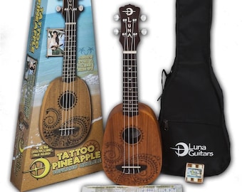 Ukulele Natural Finished Luna Tattoo Mahogany Soprano Pineapple Ukulele Pack L Uke Tattoo Pineapple Custom Ukulele