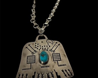 Stunning Navajo Artist Santa Fe Silver Turquoise Pendant Hand Crafted One of a Kind 925 Silver 3oz.