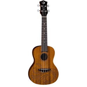 May include: A brown wooden ukulele with a paisley design carved into the body. The ukulele has a mahogany body and a rosewood fretboard. The headstock has the Luna logo and the tuning pegs are silver.
