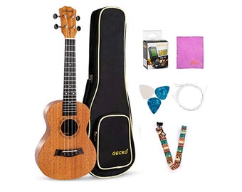 Concert | Gecko Ukulele | Starter Kit | Complete Beginners Starter Kit| Finish Natural | Acoustic Guitar | Nylon | Strings  23 inch Ukulele