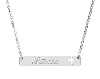 Engraved Name Bar Cross Cutout Necklace | Personalized Religious Jewelry