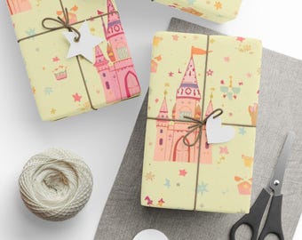 Pink Fairy Castle wrapping paper | Princess crowns stars pattern