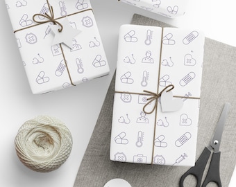 Medical Icons Wrapping Paper | Healthcare Pattern Gift Wrap, White and Purple