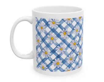 Blue Gingham Daisy Pattern Mug | Ceramic Coffee Cup