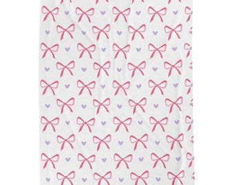 Pink Bow Pattern Velveteen Blanket | Hearts Plush Throw