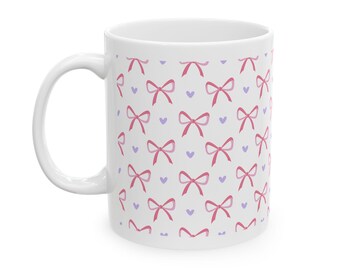 Pink Bow Pattern Mug | Handdrawn Hearts and Bows Ceramic Mug