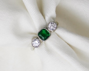 Three Stone Edwardian Ring, Emerald, Sterling Silver Filigree, Jewelry gift for her, Vintage Inspired, Historical, Victorian Era, Meaningful