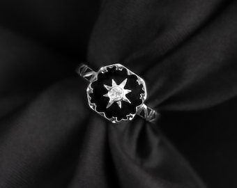 Nocturne Ring, Enamel Star, Vintage Inspired, Mourning Victorian Jewelry, Gift for Her, Gemstone, Black, Celestial, Gothic, Sterling Silver