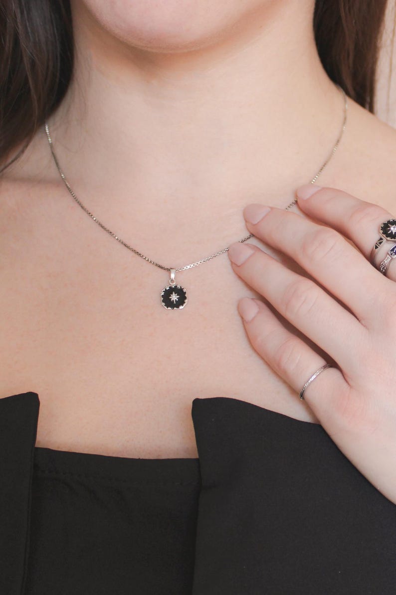 Nocturne Necklace, Black Enamel Star, Vintage Inspired, Mourning Victorian, Jewelry Gift for Her, Star Celestial, Gemstone, Sterling Silver image 4