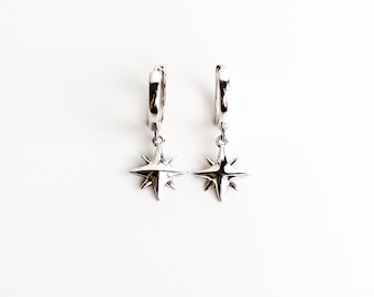 The Stella Hoops, 8 point star drop earrings, dangle, huggie, celestial, dainty, historically inspired, roman goddess, sterling silver, sky