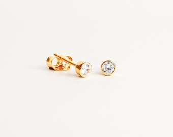 The Vesta Studs, CZ stud earrings, bezel set, celestial jewelry, goddess jewelry, roman inspired, dainty, minimalist studs, 18k gold vermeil