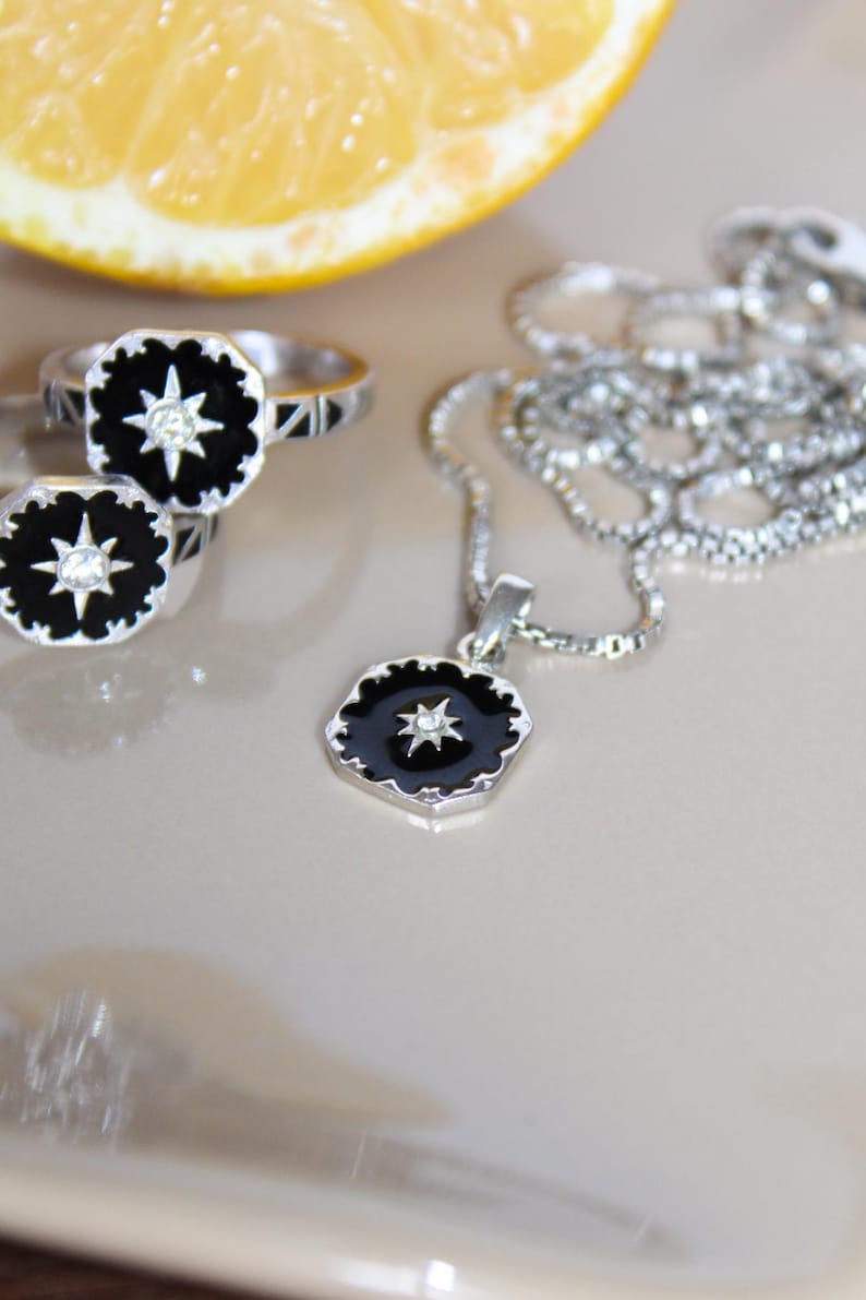 Nocturne Necklace, Black Enamel Star, Vintage Inspired, Mourning Victorian, Jewelry Gift for Her, Star Celestial, Gemstone, Sterling Silver image 5