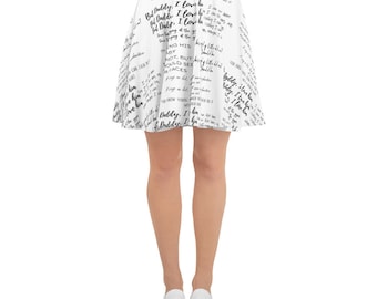 White Skater Skirt with Black Cursive Quotes Writing, Smooth Fabric, Mid-Thigh Length