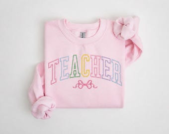 Teacher Sweatshirt Embroidered, Colorful Varsity Teacher Crewneck, Teacher Appreciation Gift, Back to School Shirt