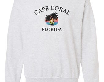 Moletom bordado de Cape Coral, Flórida, Moletom gola redonda da Flórida, Bordado de Cape Coral, Camisetas com estados e cidades, Moletom gola redonda bordado Sunset Palms